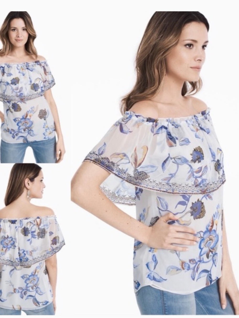 White House Black Market Blue Floral Off-Shoulder Ruffle Blouse